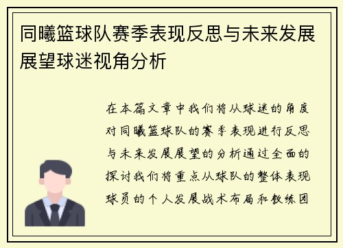 同曦篮球队赛季表现反思与未来发展展望球迷视角分析